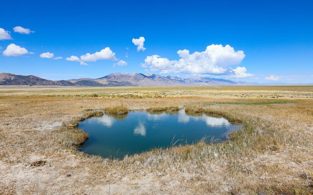 Sagebrush flats and a spring-fed pool below the mountains of Northeastern Nevada